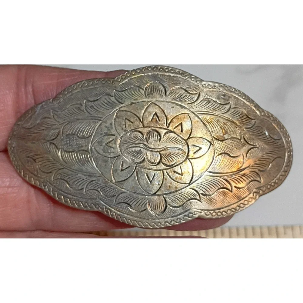 Vintage Barrette Etched Carved Copper Brass Hair Clasp Pic Color Off Bad Light